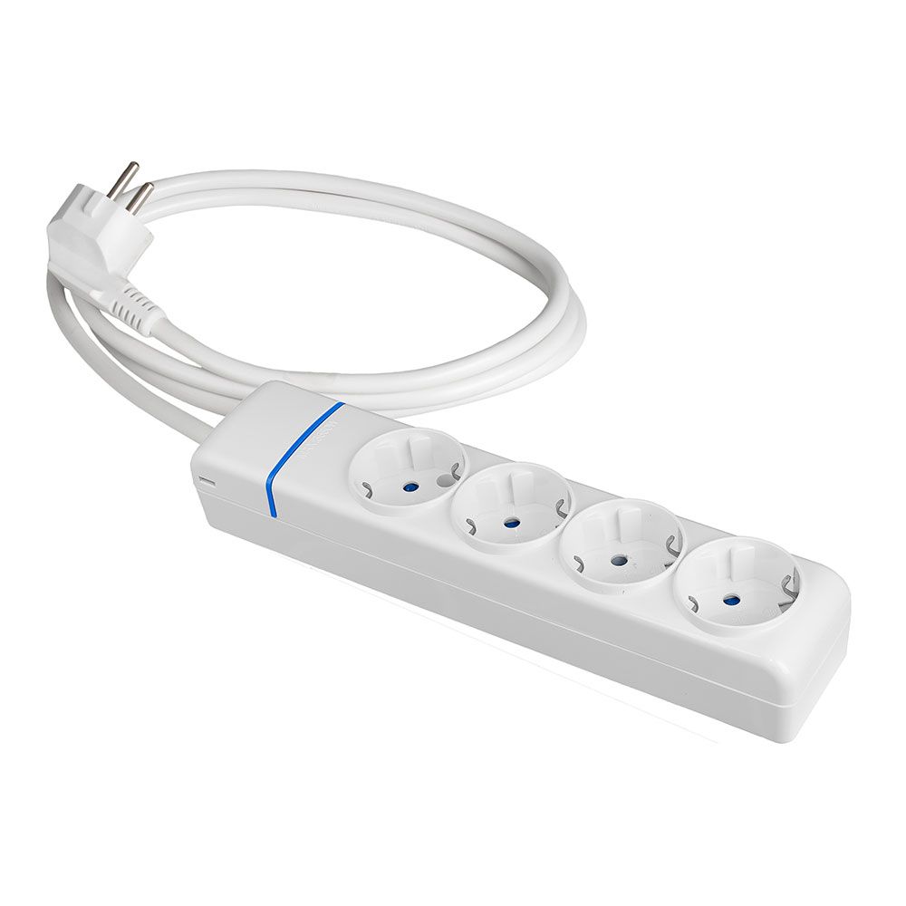 Tomada múltipla com 4 tomadas 2p+e 1,5 m de cabo h05vv-f 3g1,5 mm², 16 a 250 v 3680 w, branca IP20, com furos para fixação com parafusos na parede e furos para fixação com flanges de tubo, policarbonato, série íon, branco