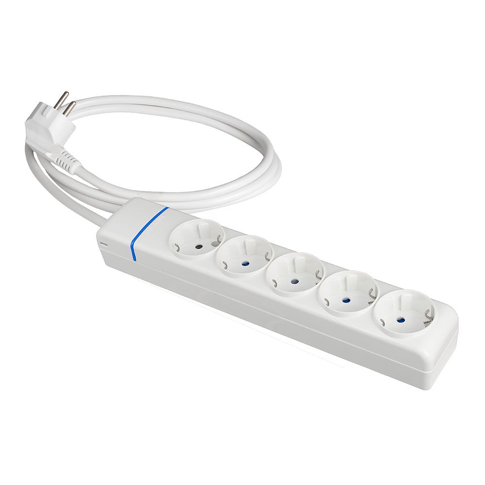 Tomada múltipla com 5 tomadas 2p+t 1,5 m de cabo h05vv-f 3g1,5 mm², 16 a 250 v 3680 w, branca IP20, com furos para fixação com parafusos na parede e furos para fixação com flanges de tubo, policarbonato, série íon, branco