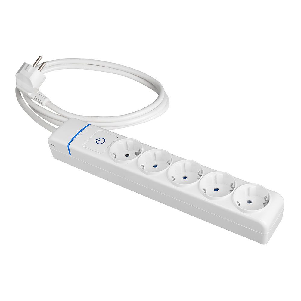 Tomada múltipla com 5 tomadas 2p+t, com interruptor iluminado, cabo h05vv-f 3g1,5 mm² de 1,5 m, branco