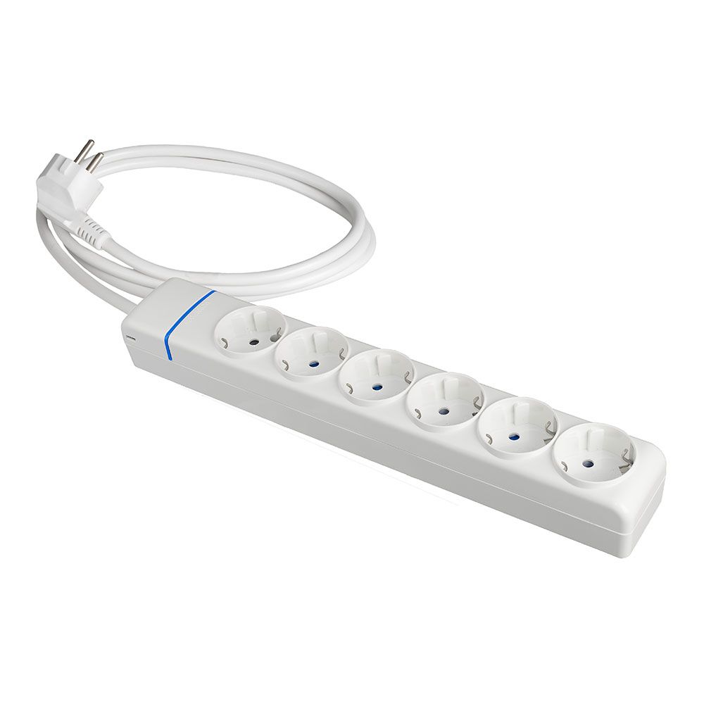 Base múltipla com 6 tomadas 2p+e 1,5 m de cabo h05vv-f 3g1,5 mm², 16 a 250 v 3680 w, branco IP20, com furos para fixação com parafusos na parede e furos para fixação com flanges de tubo, policarbonato, série íon, branco
