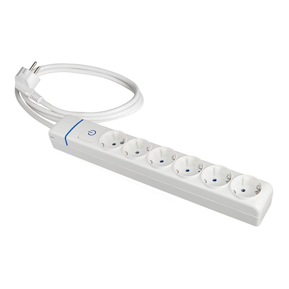 Tomada múltipla com 6 tomadas 2p+t, com interruptor iluminado, cabo de 1,5 m h05vv-f 3g1,5 mm², branco