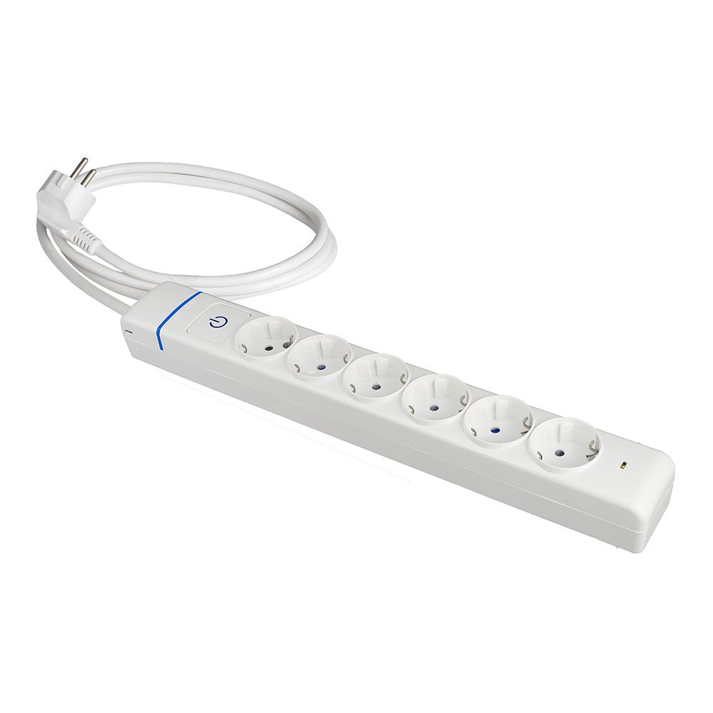 Base múltipla, 6 tomadas 2p+e, com interruptor + protetor, cabo de 1,5 m h05vv-f 3g1,5 mm², 16a 250v~, branco max 3680w 850°c gwt, ip20, com furos para fixação de parafusos na parede/tubo, em policarbonato, série ion, branco
