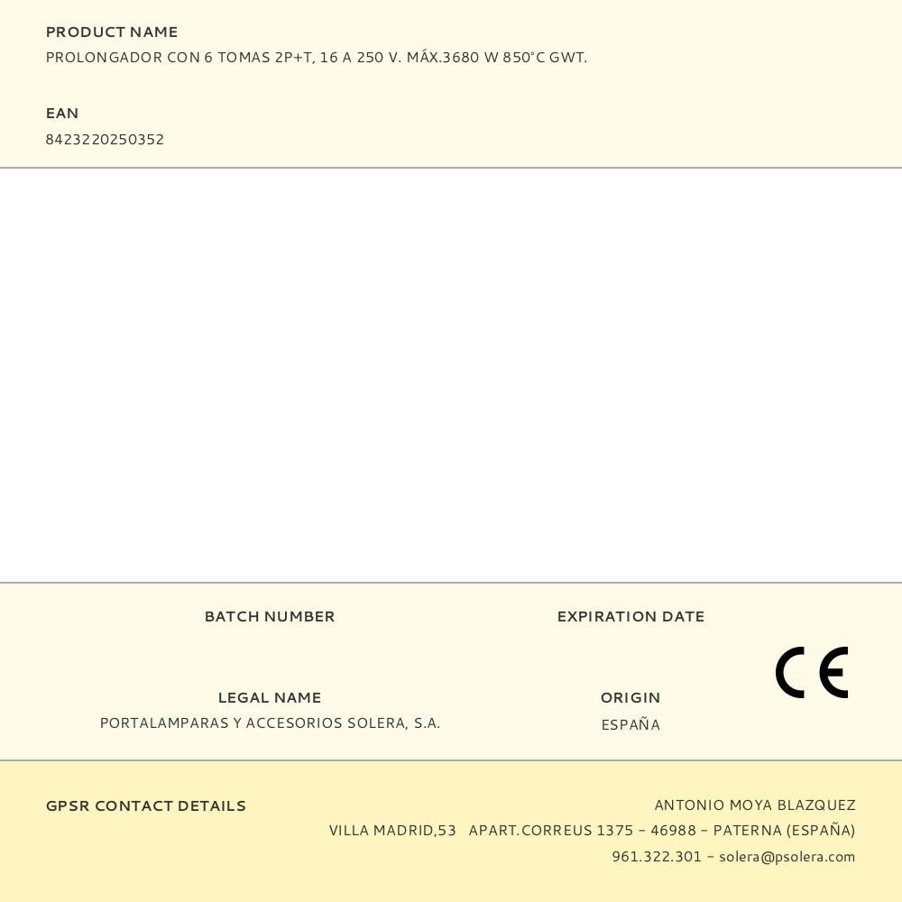 Base múltipla, 6 tomadas 2p+e, com interruptor + protetor, cabo de 1,5 m h05vv-f 3g1,5 mm², 16a 250v~, branco max 3680w 850°c gwt, ip20, com furos para fixação de parafusos na parede/tubo, em policarbonato, série ion, branco - Image 2