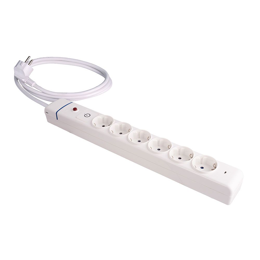 Base múltipla, 6 tomadas 2p+e, com interruptor + protetor, cabo de 1,5 m h05vv-f 3g1,5 mm², 16a 250v~, branco