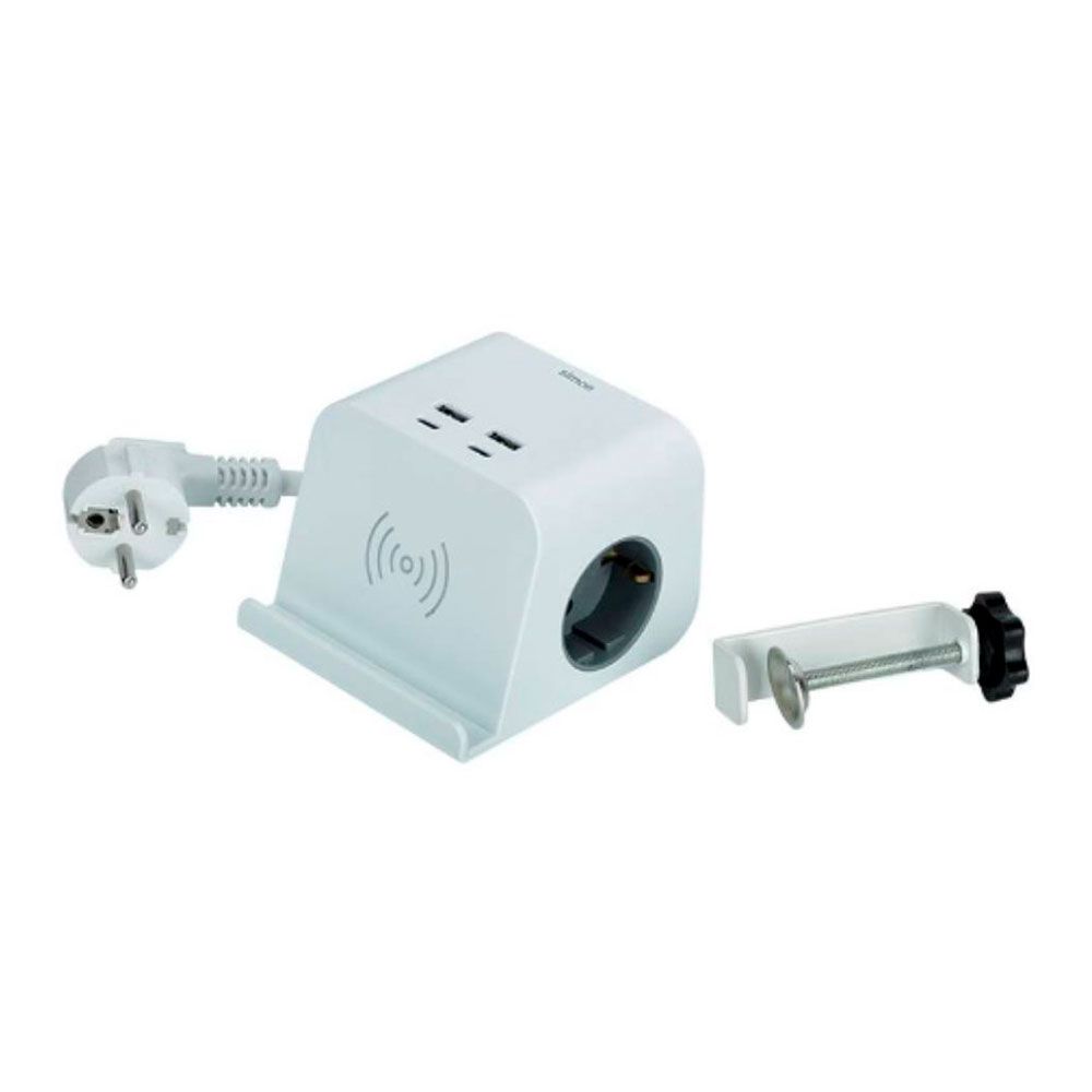 Base combiflat 2 tomadas schuko 16 A 250 V~ + 2 USB A + 2 USB C + carregamento sem fios, com suporte e fixação, branca - Image 2