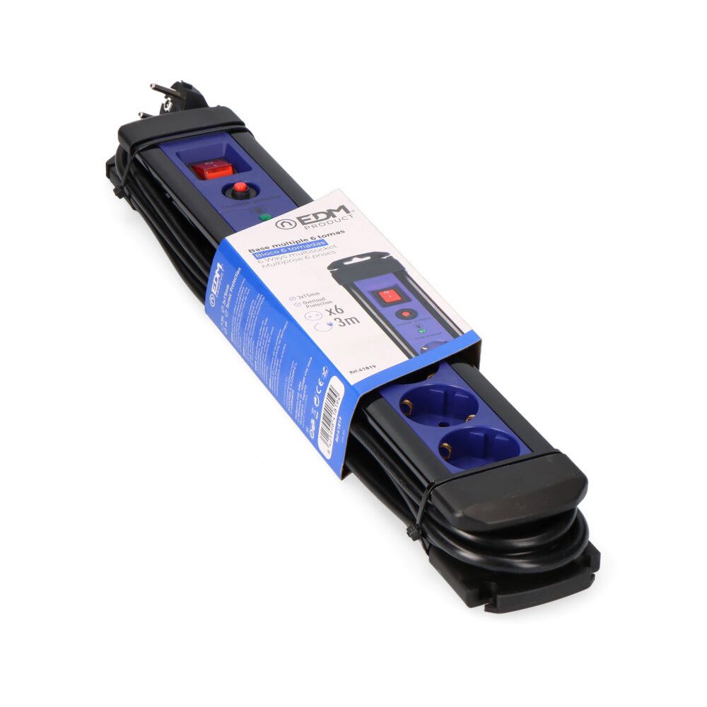 Base múltipla com 6 saídas, 2P+E, com interruptor iluminado e protetor, cabo de 3 m H05VV-F 3G1,5 mm² preta/azul