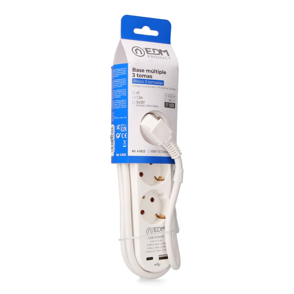 Base múltipla 3 entradas schuko, interruptor, 2 portas USB tipo a + c, cabo de 1,5 m H05VV-F, 3G1,5 mm², 16 a 250 v~, branca