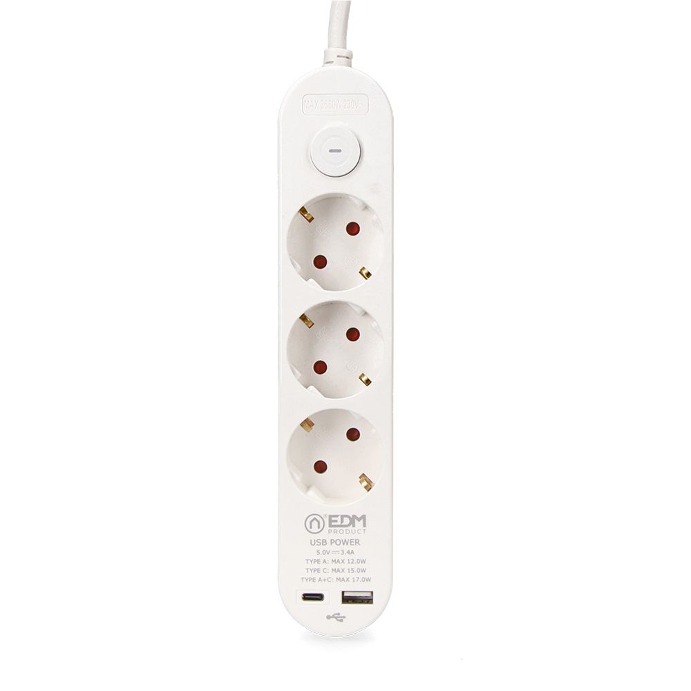 Base múltipla 3 entradas schuko, interruptor, 2 portas USB tipo a + c, cabo de 1,5 m H05VV-F, 3G1,5 mm², 16 a 250 v~, branca - Image 2