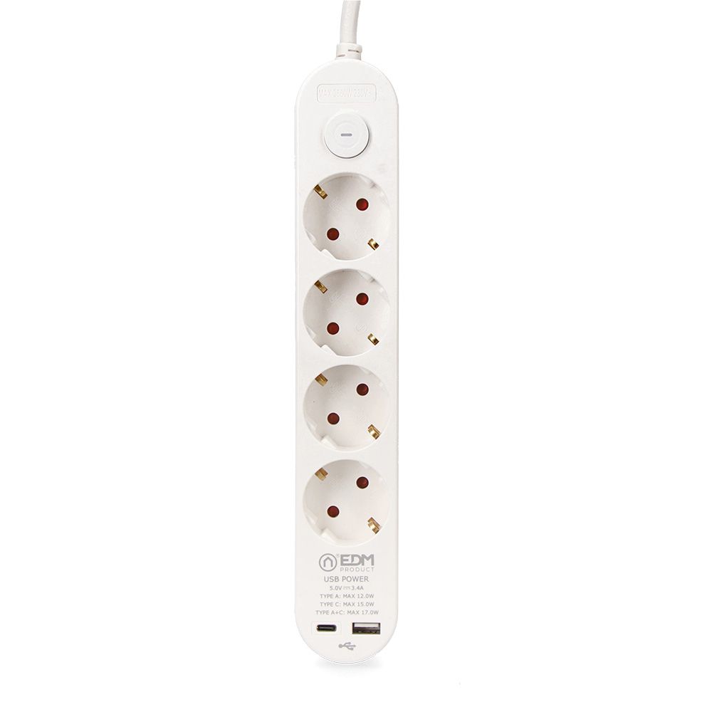 Base múltipla 4 entradas schuko, interruptor, 2 portas USB tipo a + c, cabo de 1,5 m H05VV-F, 3G1,5 mm², 16 a 250 v~, branca - Image 2