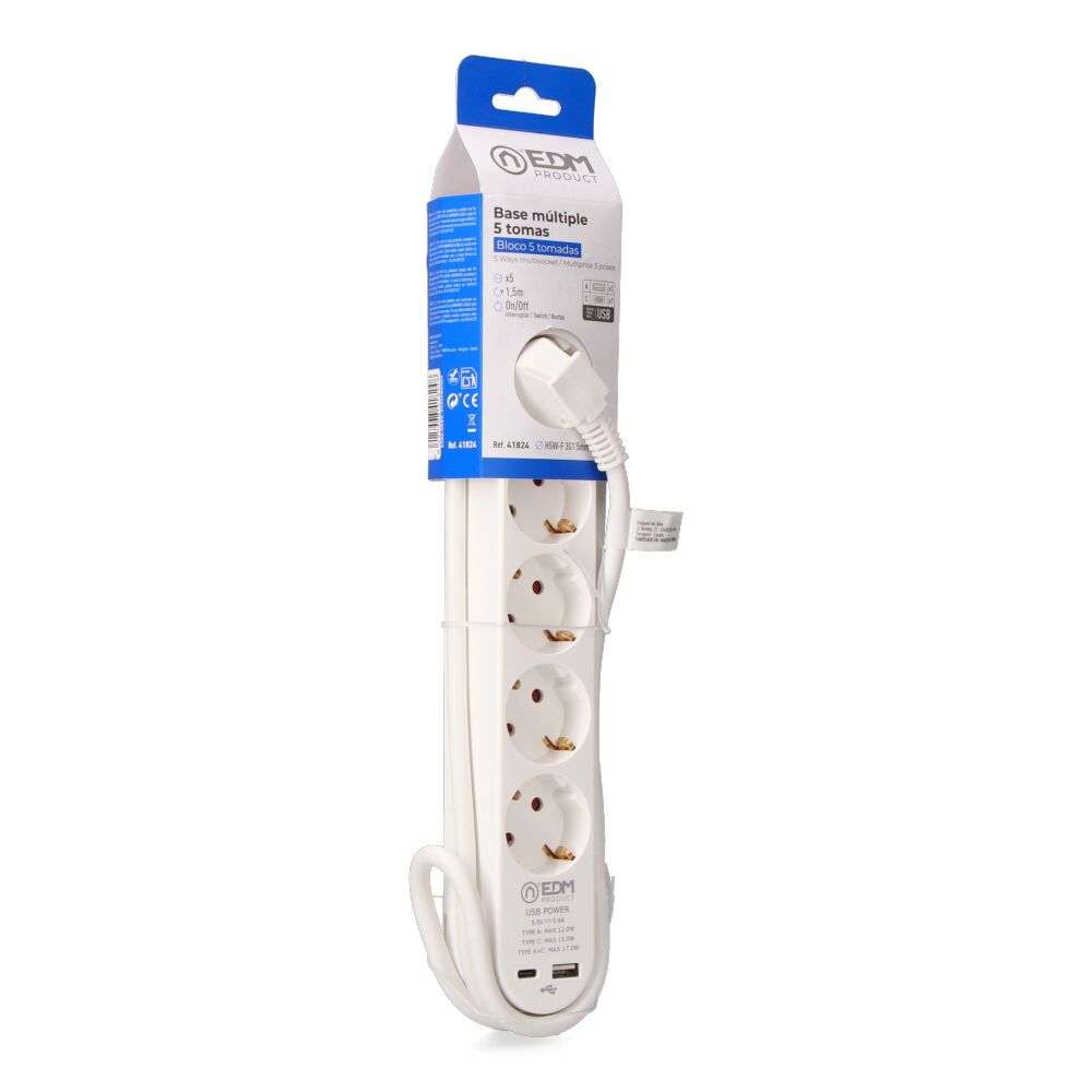 Base múltipla 5 entradas schuko, interruptor, 2 portas USB tipo a + c, cabo de 1,5 m H05VV-F, 3G1,5 mm², 16 a 250 v~, branca