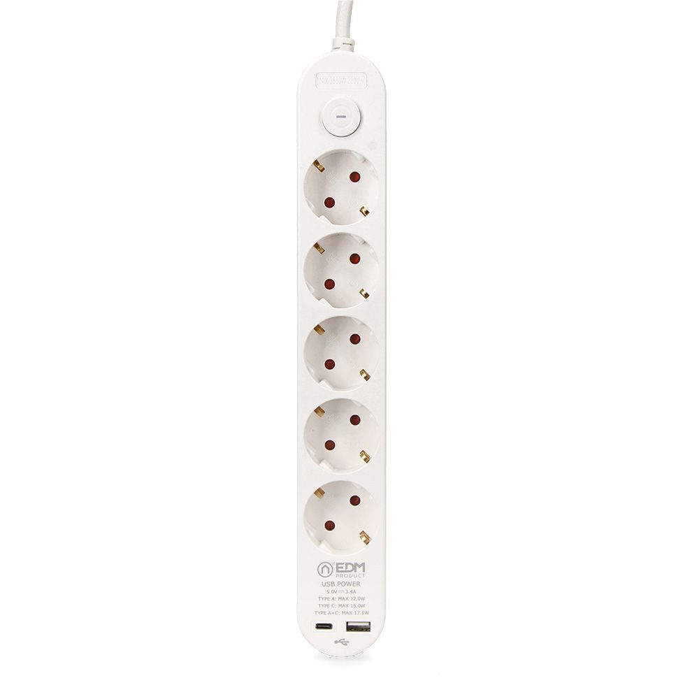 Base múltipla 5 entradas schuko, interruptor, 2 portas USB tipo a + c, cabo de 1,5 m H05VV-F, 3G1,5 mm², 16 a 250 v~, branca - Image 2