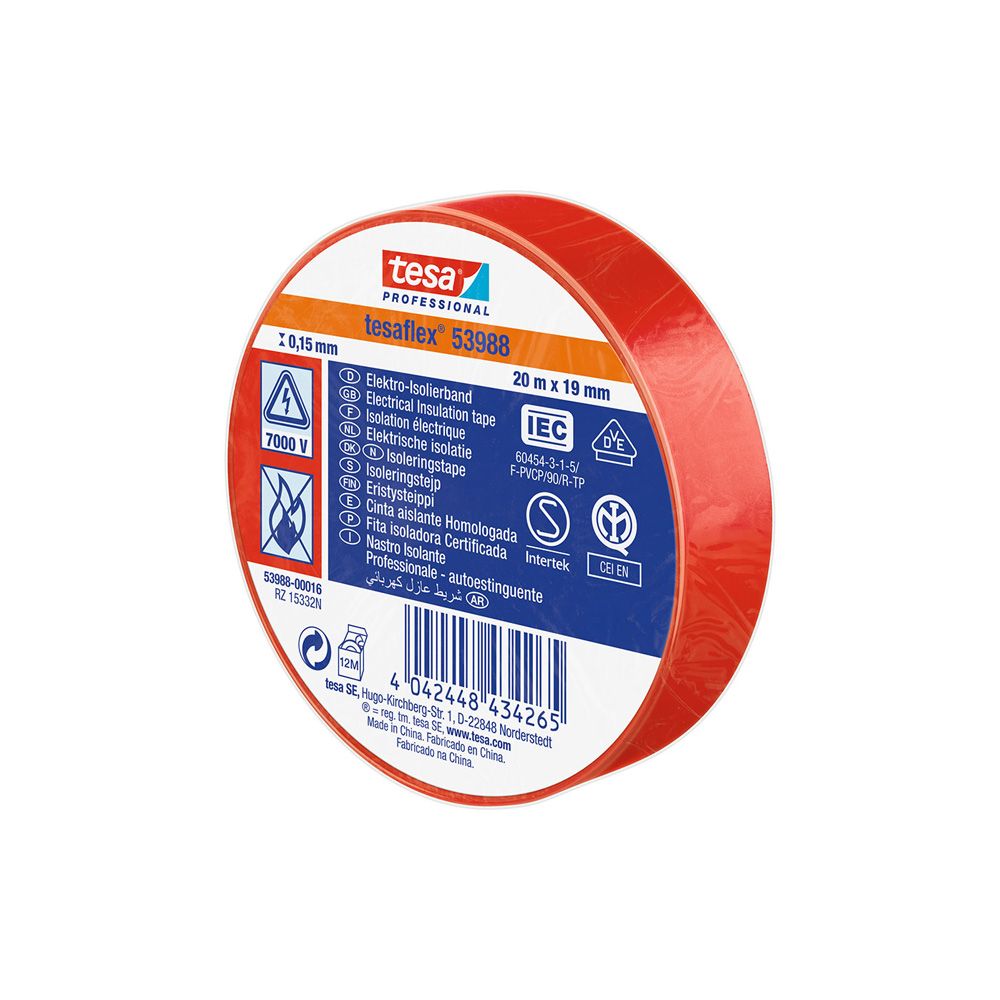 Fita isolante vermelha aprovada 19 mm x 20 m