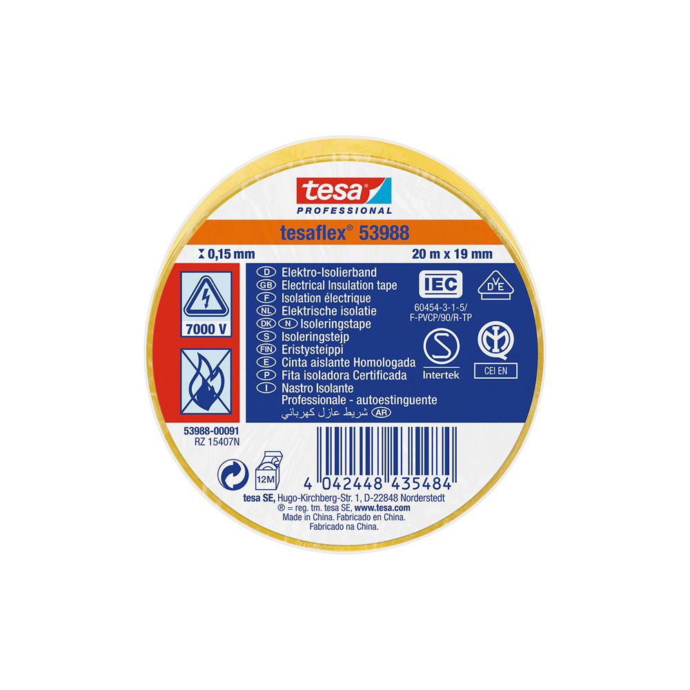 Fita isolante amarela aprovada 19 mm x 20 m