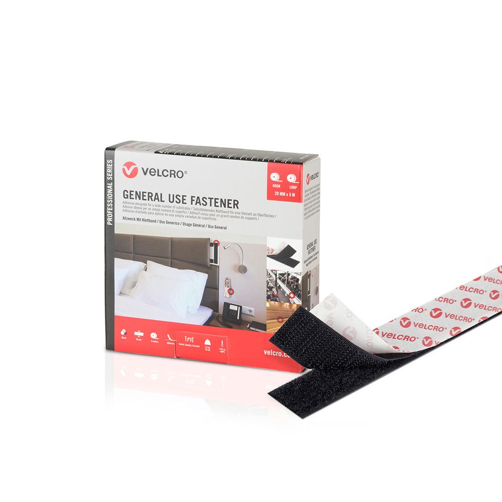 Gancho e fita adesiva preta 20 mm x 5 m