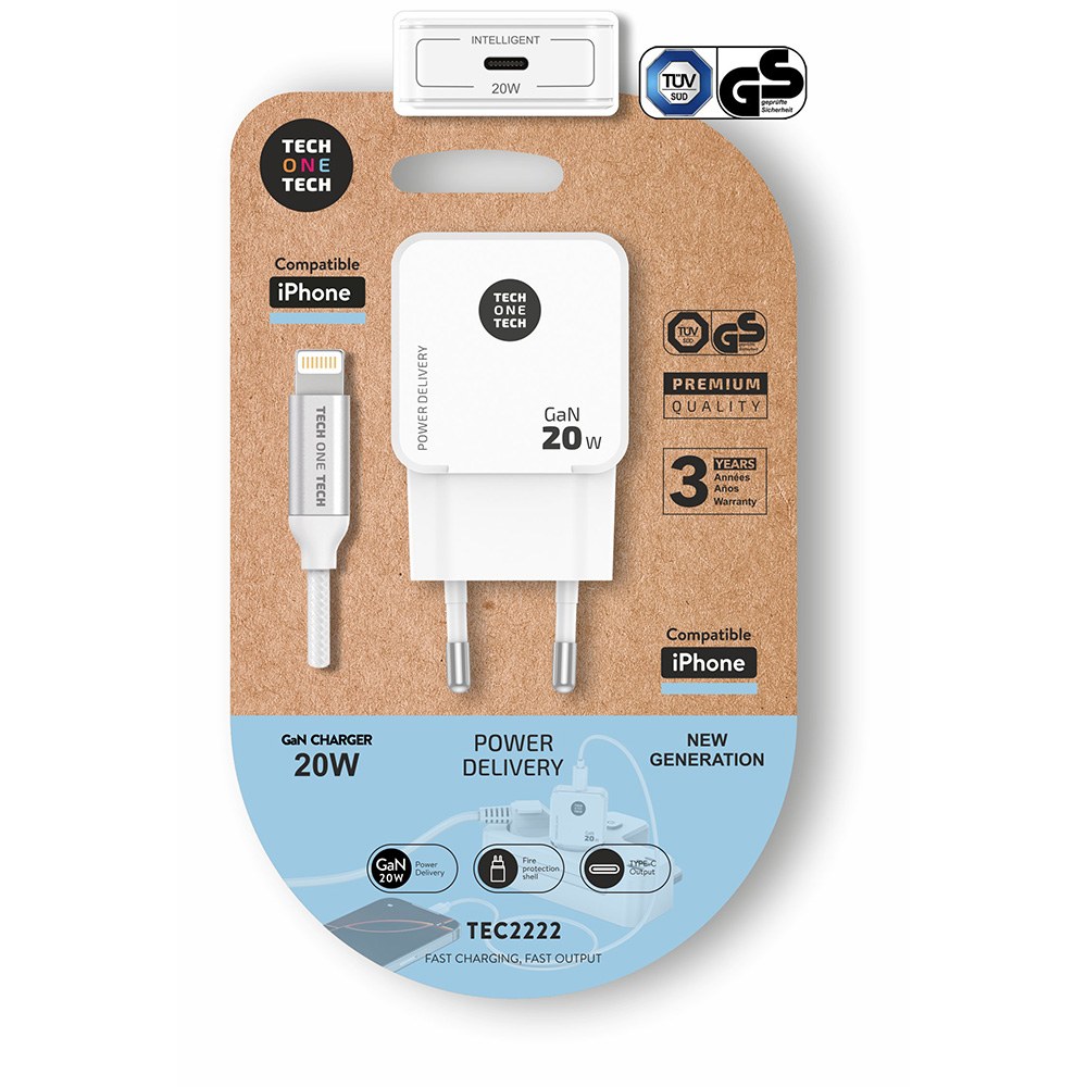 Carregador ultra rápido GAN 20 W + cabo usb-c para lightning branco de 1 m