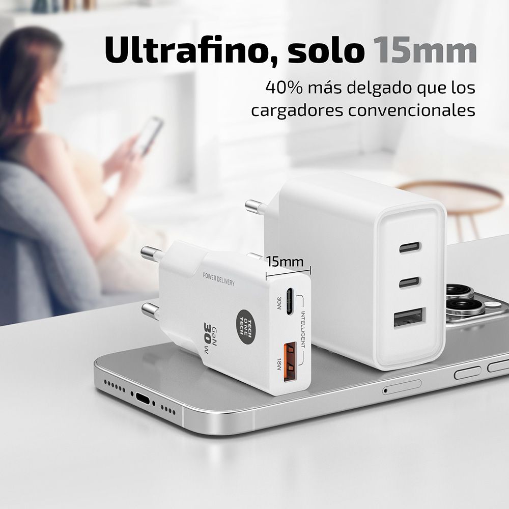 Carregador rápido GAN 30 W, branco, conectores: usb-c + usb-a - Image 2