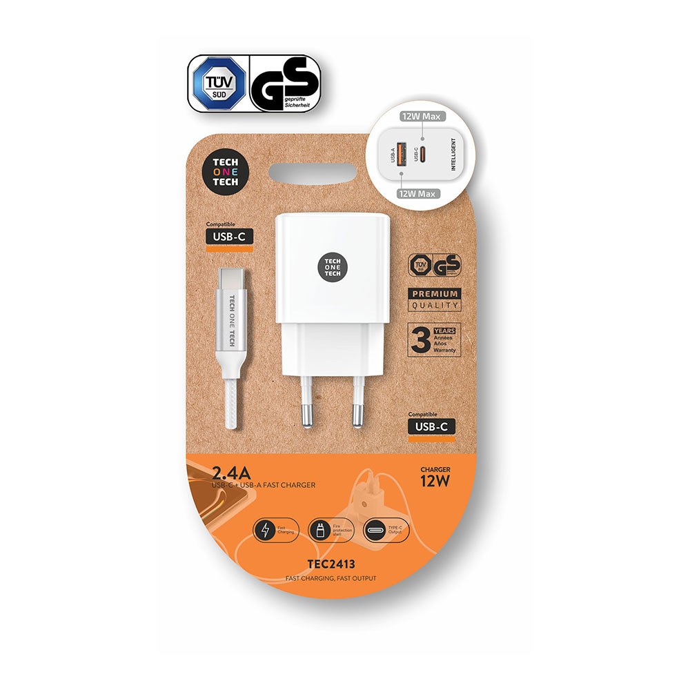 Carregador USB-C + USB-A, 12 W, branco + cabo USB-C de 1 m