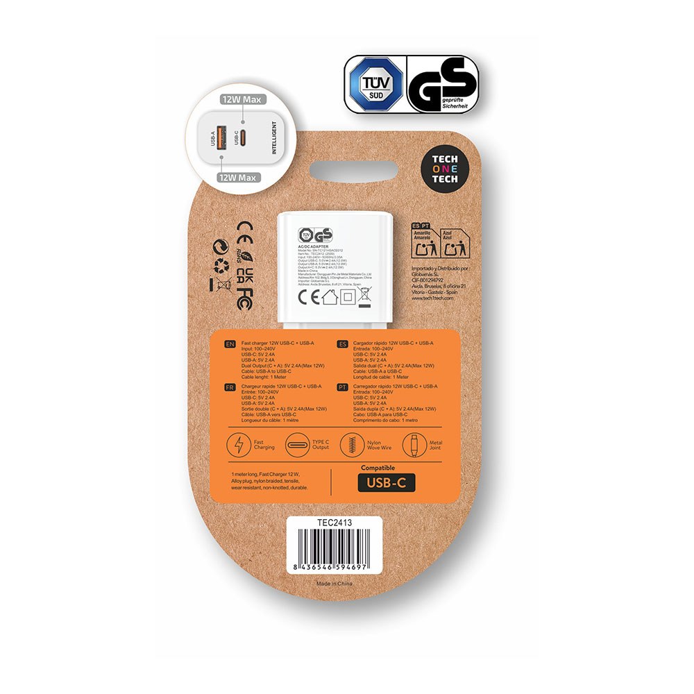 Carregador USB-C + USB-A, 12 W, branco + cabo USB-C de 1 m - Image 2