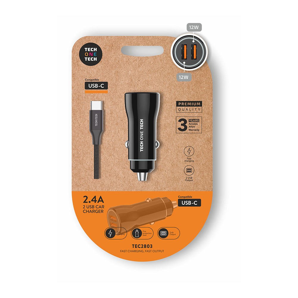 2 x carregador de isqueiro de carro USB-A, 12 W, preto + cabo USB-C de 1 m