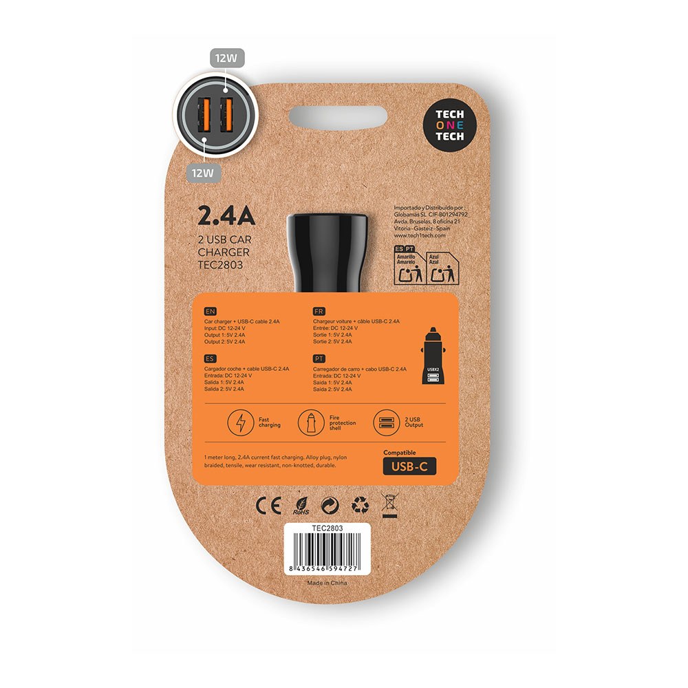2 x carregador de isqueiro de carro USB-A, 12 W, preto + cabo USB-C de 1 m - Image 2