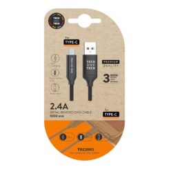 Cabo preto nylon (usb-a a usb-c), 1m 2A tech ONE tech