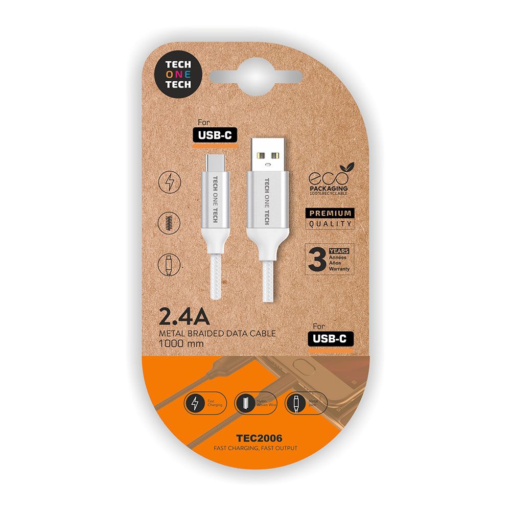 Cabo branco nylon (usb-a a usb-c), 1m 2A tech ONE tech