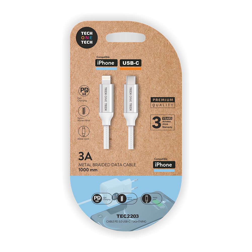 Cabo branco nylon (usb-c a lightn/apple), 1m 3A tech ONE tech