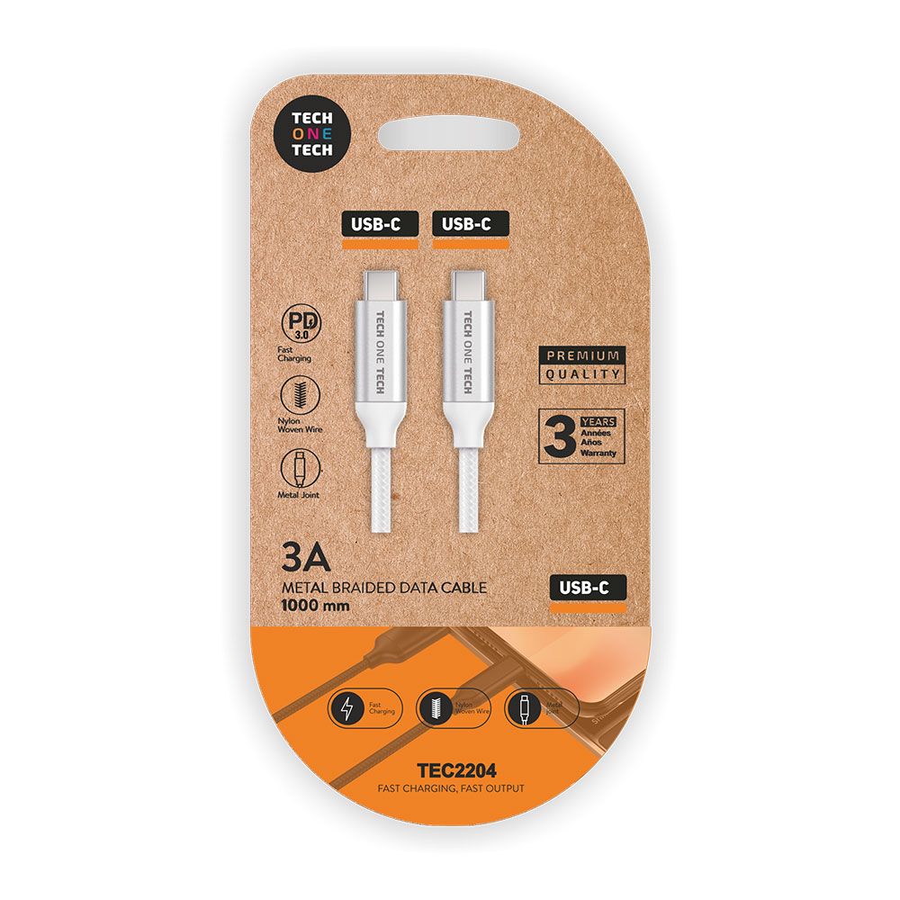 Cabo PD branco nylon (usb-c a usb-c), 1m 3A tech ONE tech