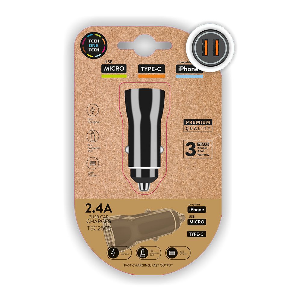 Carregador duplo isqueiro carro preto 2,4A - 12W tech ONE tech