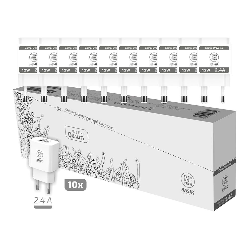Pack poupança 10 carregadores basik 2,4A branco (usb-a) tech ONE tech