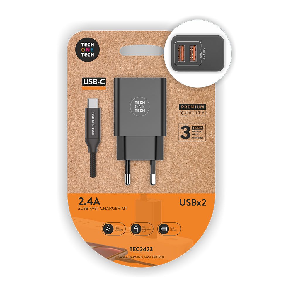 Carregador duplo preto + cabo usb-c nylon 2.4A