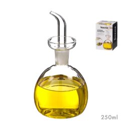 Dispensador de óleo de vidro com tampa abaulada e sistema antigotejamento, capacidade de 250 ml.