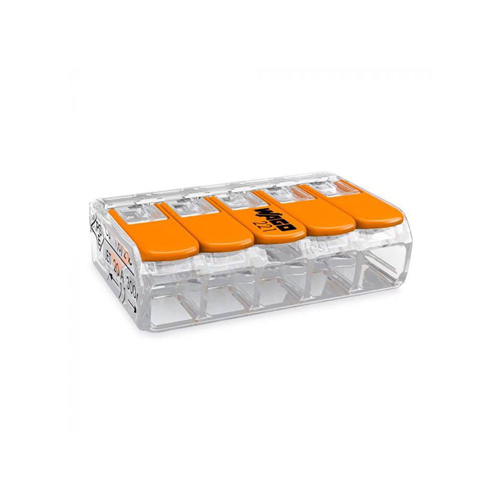 Conector rápido com alavanca 5 condutores, ø máximo 4 mm², 450 V, 32 a, transparente, 30 x 18,6 x 8,4 mm
