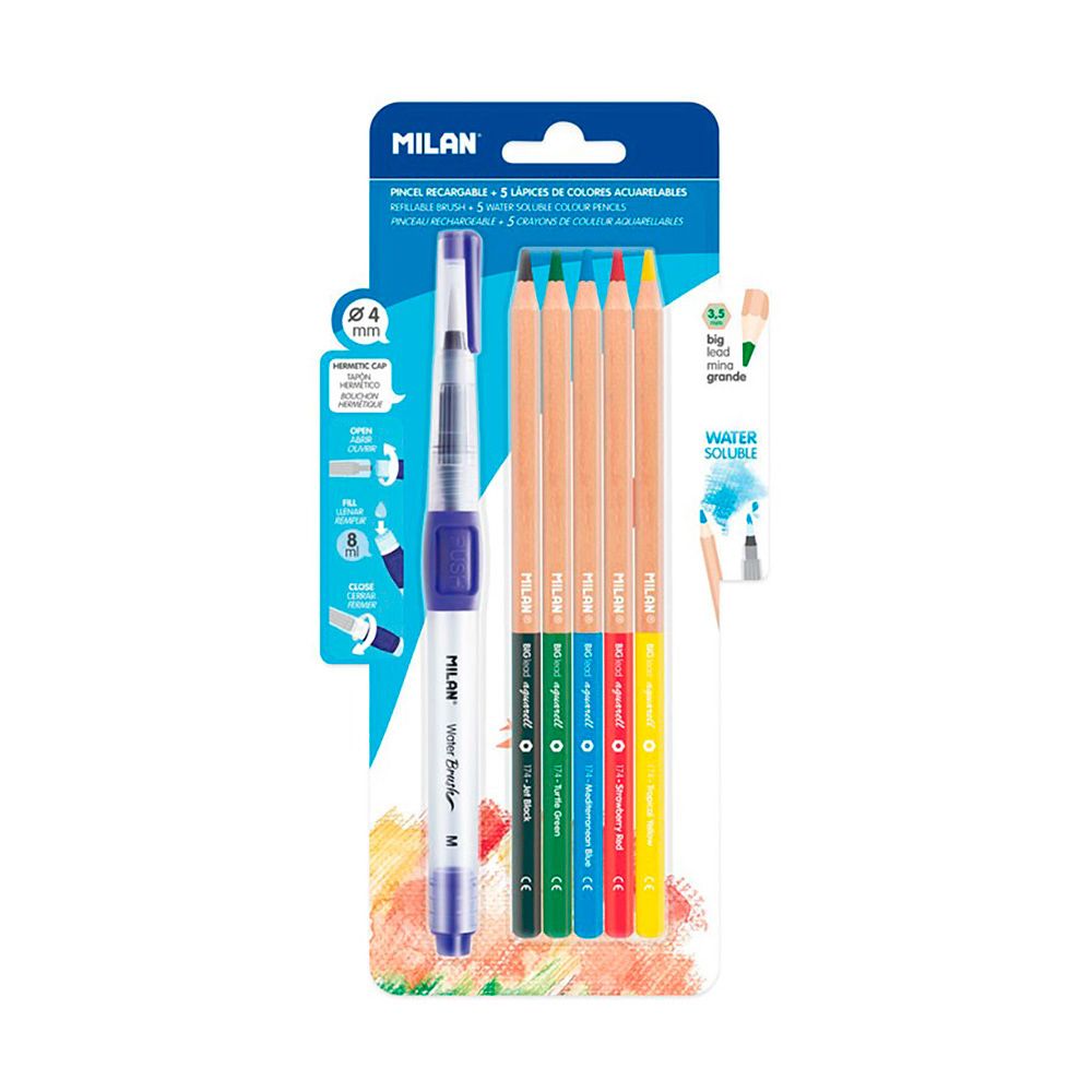 Blíster com 1 pincel recarregável water brush + 5 lápis aquarela milan - Image 2