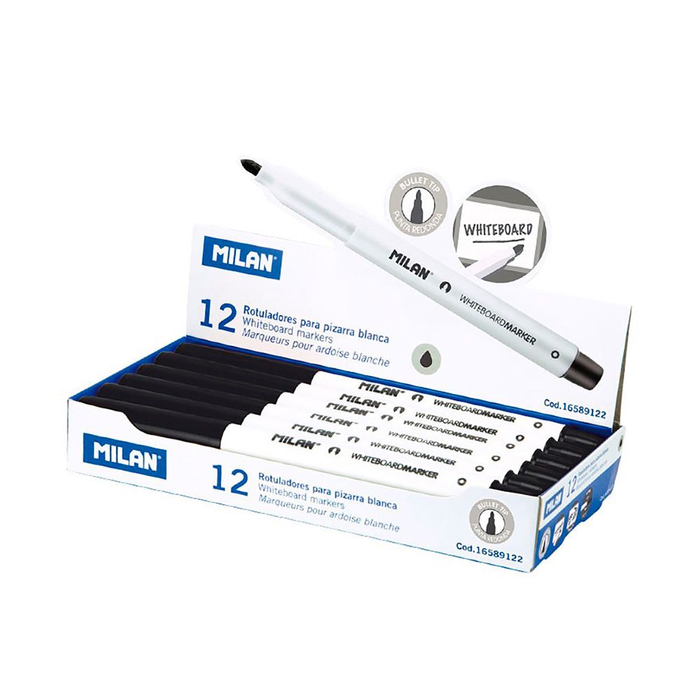 Caixa de 12 marcadores pretos Ø3,7mm para quadro-branco milan