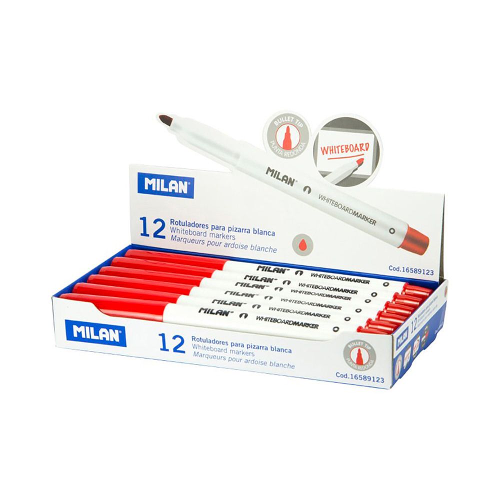 Caixa de 12 marcadores vermelhos Ø3,7mm para quadro-branco milan
