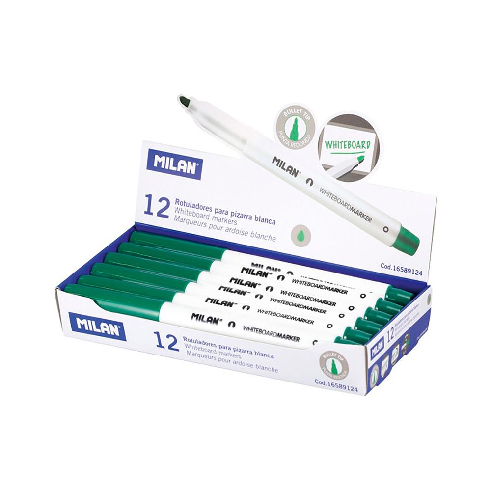 Caixa de 12 marcadores verdes Ø3,7mm para quadro-branco milan