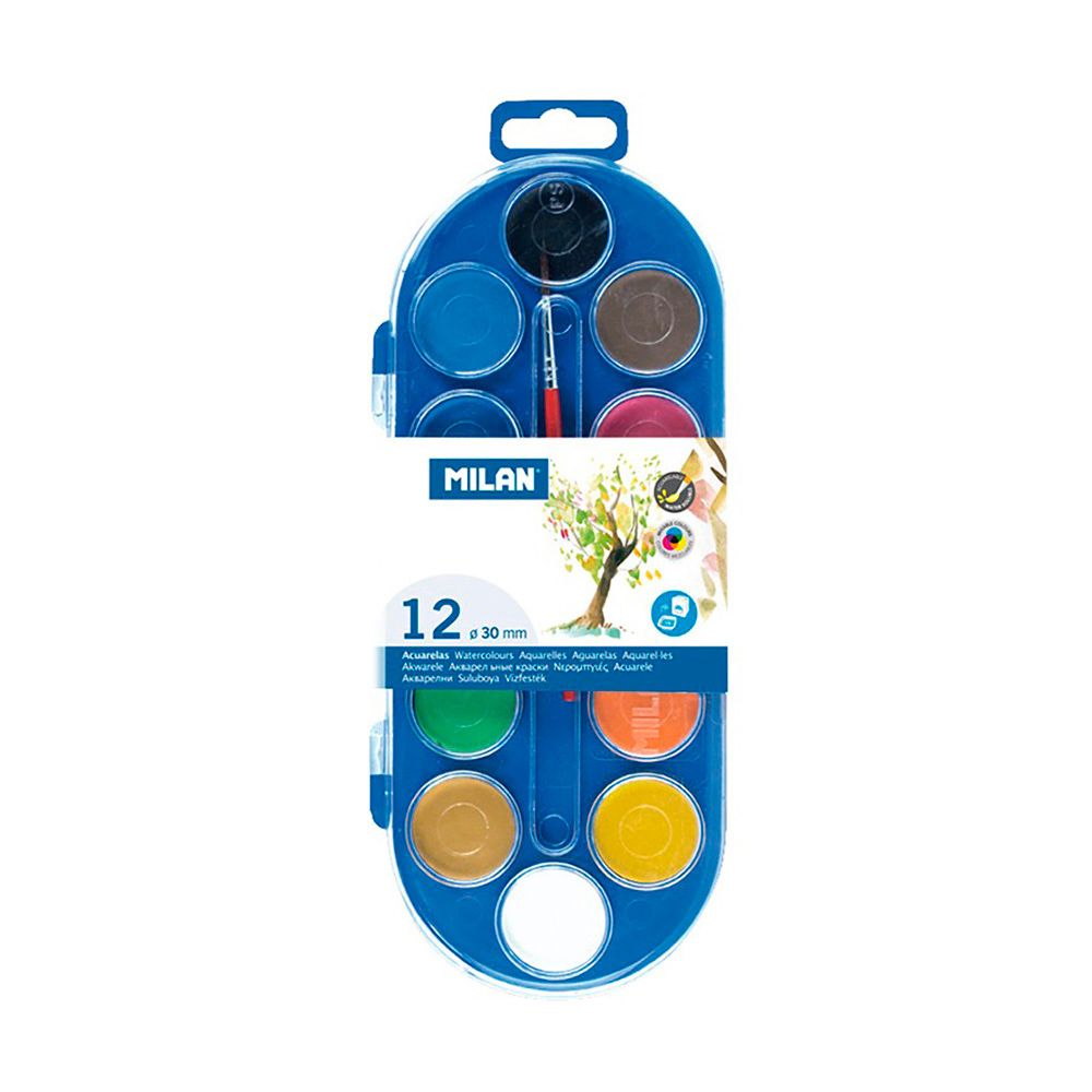 Estojo com 12 pastilhas de aquarelas Ø30mm + 1 pincel milan