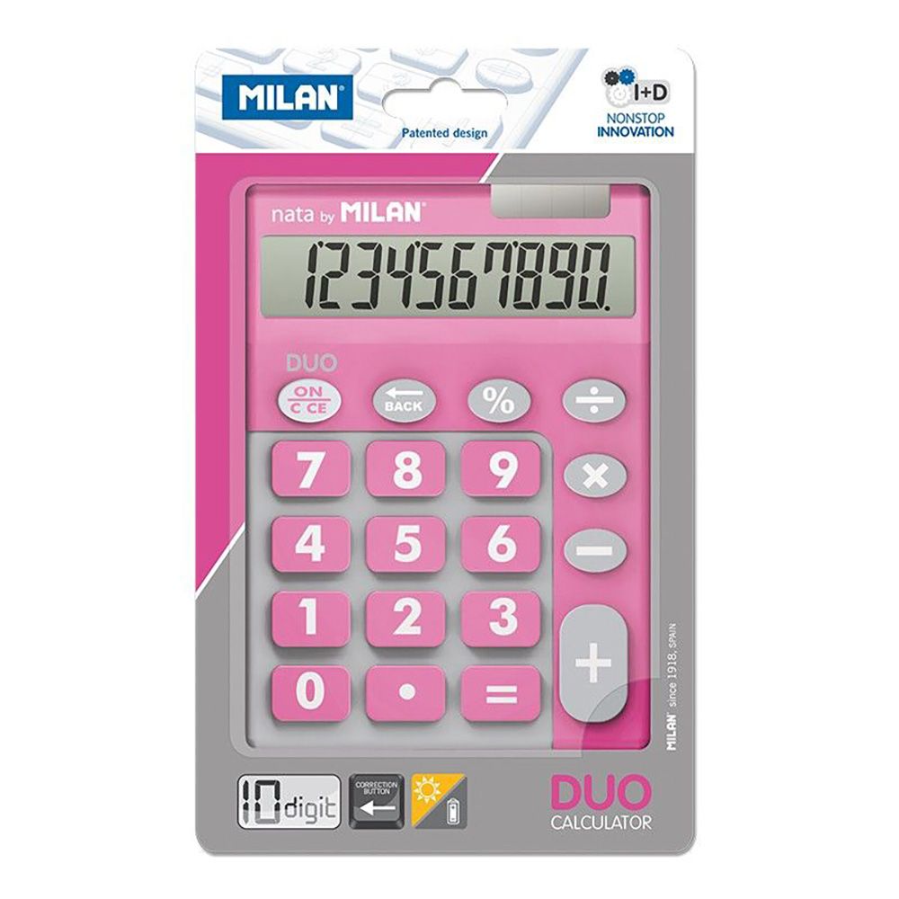 Blíster calculadora DUO 10 dígitos rosa teclas grandes milan