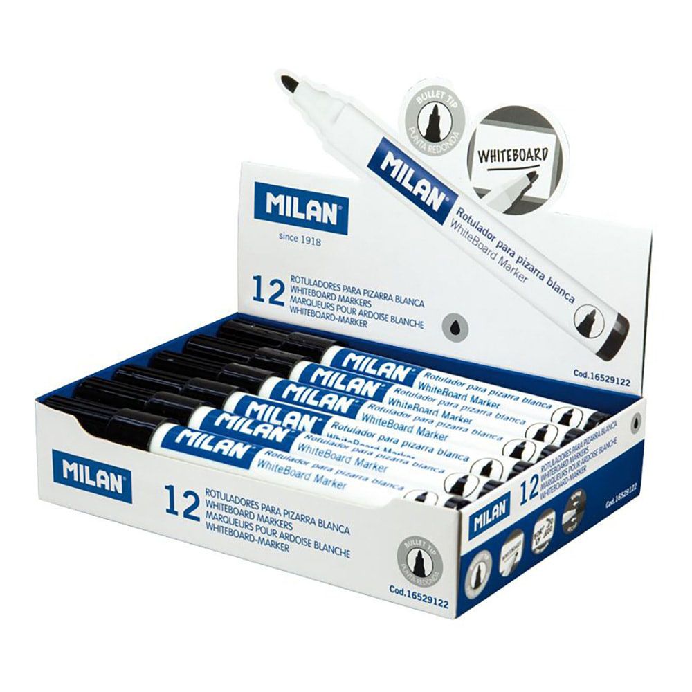 Caixa de 12 marcadores pretos Ø4,7mm para quadro-branco milan
