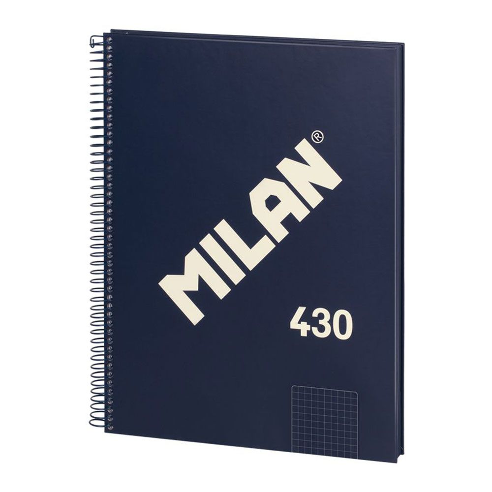 Caderno quadriculado A4 (5x5mm) azul-marinho, com espiral.