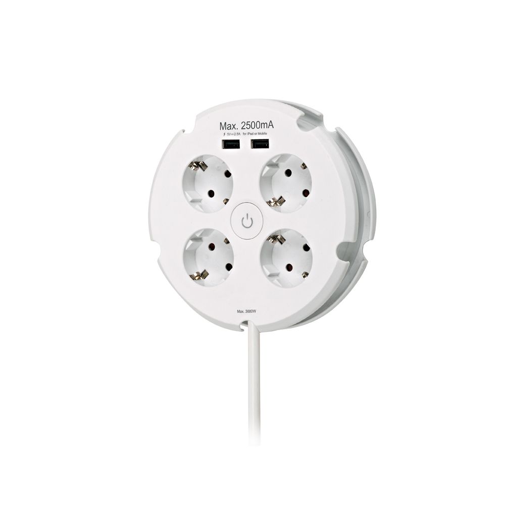 Base múltipla redonda com 4 bases 2P+T schuko, com interruptor + 2 USB, cabo de 1,5 m H05VV-F 3G1,5 mm², 16 a 250 v~, branca
