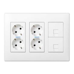Caixa com 6 mecanismos, 4 schuko brancos + 2 RJ45, de superfície ou embutido. branco. simon 500 cima