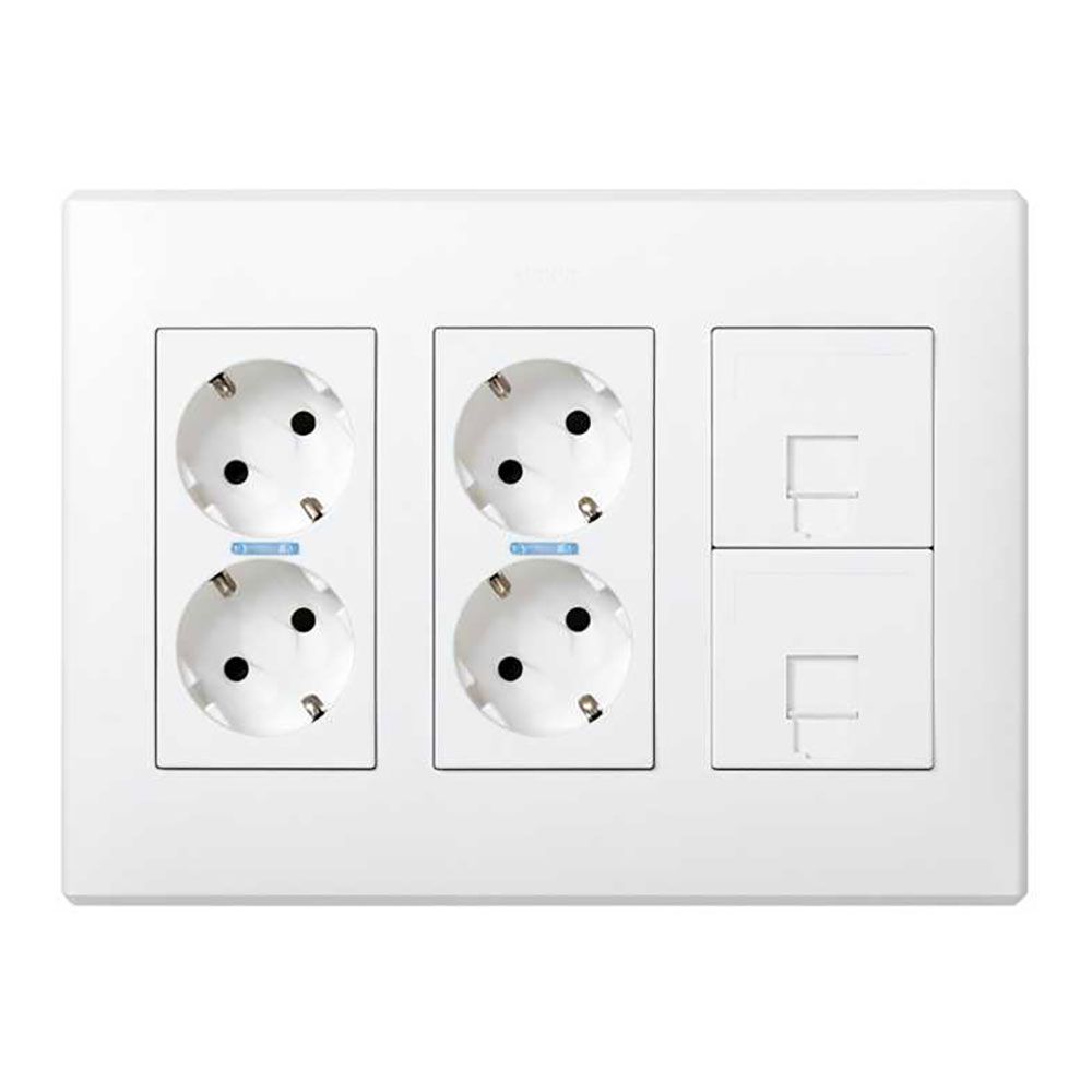 Caixa com 6 mecanismos, 4 schuko brancos + 2 RJ45, de superfície ou embutido. branco. simon 500 cima