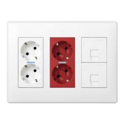 Caixa simon 500 cima com 6 mecanismos, 2 schukos brancos + 2 schukos vermelhos + 2 RJ45, de superfície ou embutido. branco