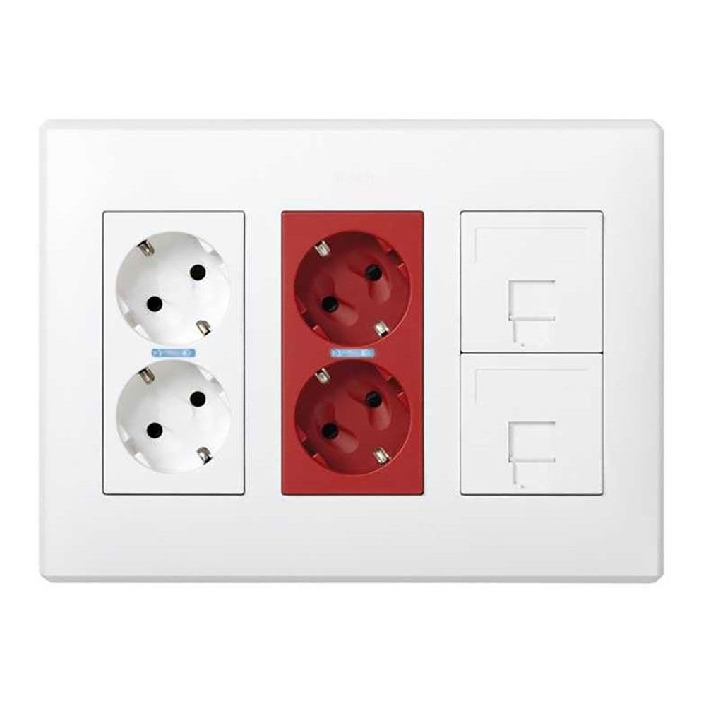 Caixa simon 500 cima com 6 mecanismos, 2 schukos brancos + 2 schukos vermelhos + 2 RJ45, de superfície ou embutido. branco