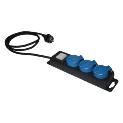 Base múltipla de 3 pinos 2P+T schuko, com interruptor, IP44, cabo de 1,5 m H05RR-F 3G1,5 mm², preta/azul