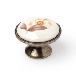 Puxador para móveis, modelo 814, em porcelana e zamac com estampa floral marrom, Ø29 mm, blister 4 un