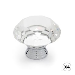 Puxador para móvel, modelo 964, em zamak e vidro com cromo brilhante e transparente, ø40 mm, blister de 4 unidades