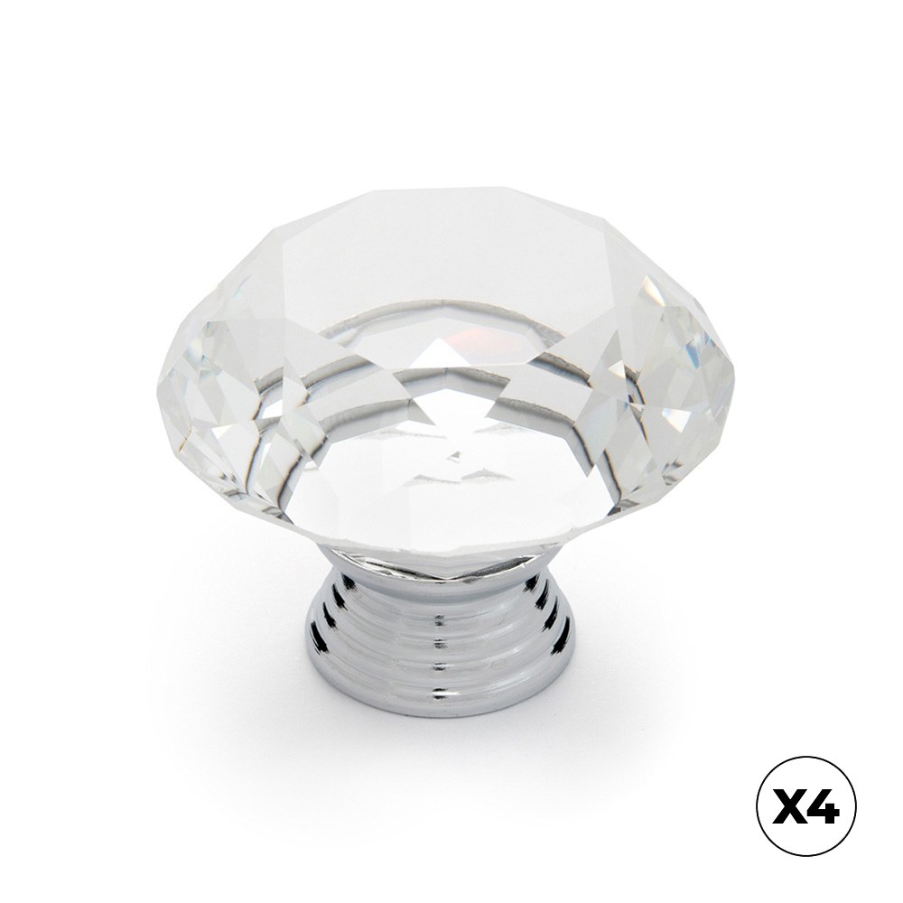 Puxador para móvel, modelo 964, em zamak e vidro com cromo brilhante e transparente, ø40 mm, blister de 4 unidades